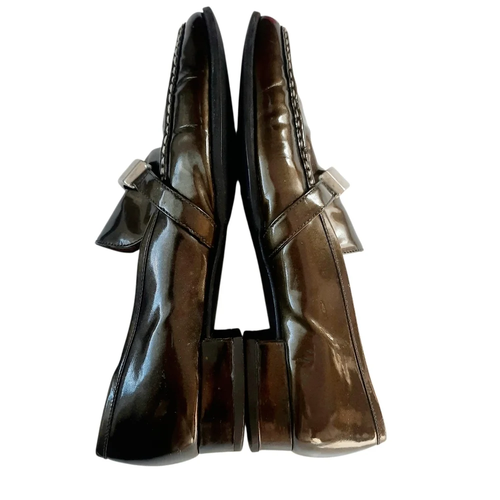Vintage Y2K PRADA Patent Leather Square Toe Classic Loafers Sz 9.5/40 Dk Olive - Picture 5 of 10